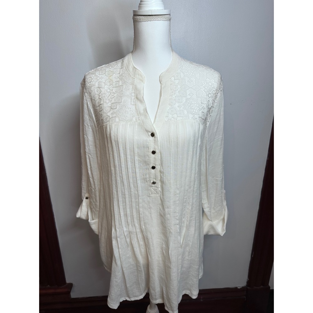 New Directions Ivory Lace Yoke Pleated Tunic Top XL 3D085176 Womens White Henley